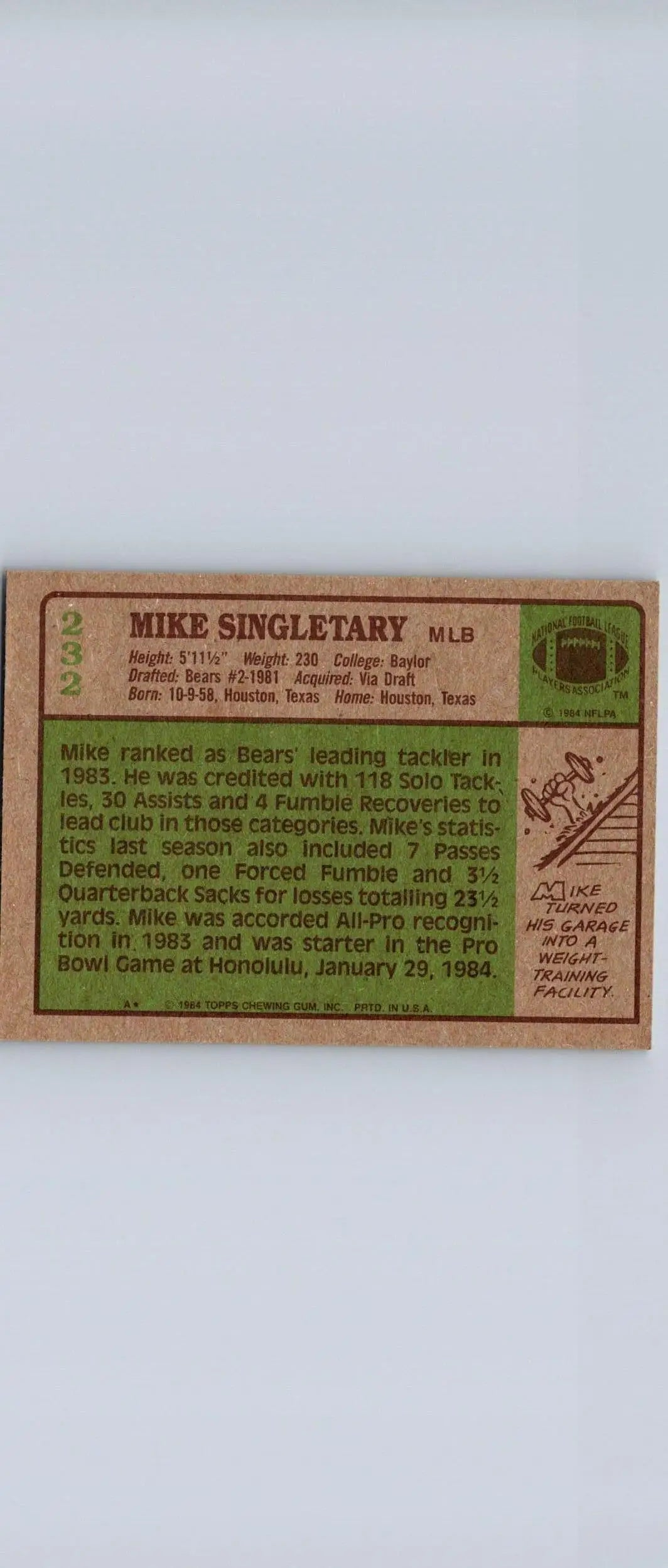 Vintage 1984 Topps #232 Mike Singletary trading card for sports card collectors