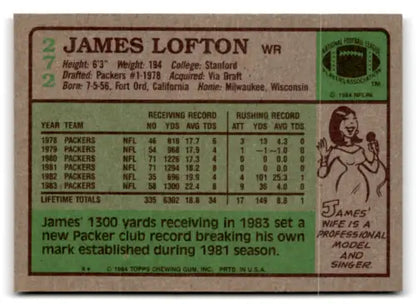 James Lofton 1984 Topps #272 football card in excellent condition for Packers fans