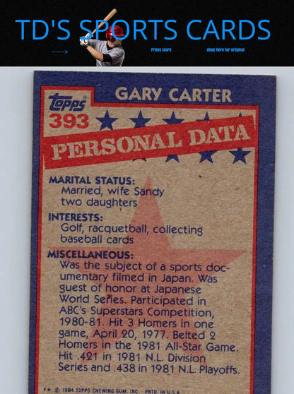 Back of 1984 Topps Gary Carter baseball card showcasing player stats and biography
