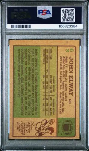 Graded John Elway football rookie card featuring Denver Broncos logo and PSA 6 rating