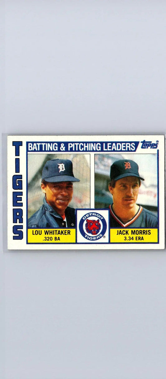 Baseball card featuring Tigers Leaders Lou Whitaker and Jack Morris from 1984 Topps