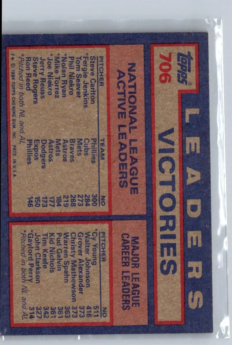 1984 Topps Victory Leaders baseball card featuring Carlton, Jenkins, and Seaver