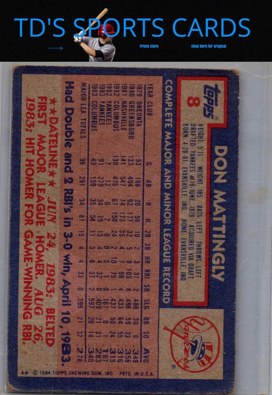 1984 Topps Don Mattingly baseball card showcasing Don Mattingly in collectible condition