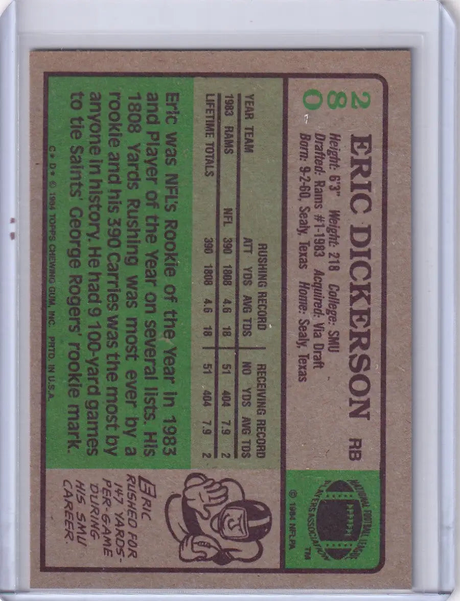 Eric Dickerson 1984 Topps Football card featuring Los Angeles Rams rookie highlights