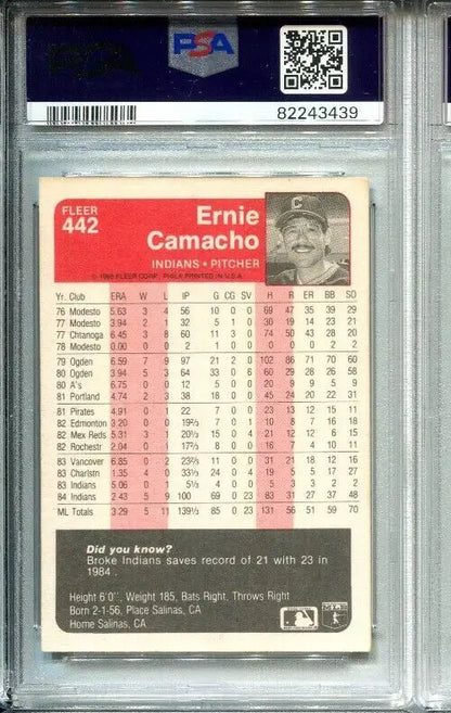 1985 Fleer trading card of Ernie Camacho, autographed, Cleveland Indians memorabilia