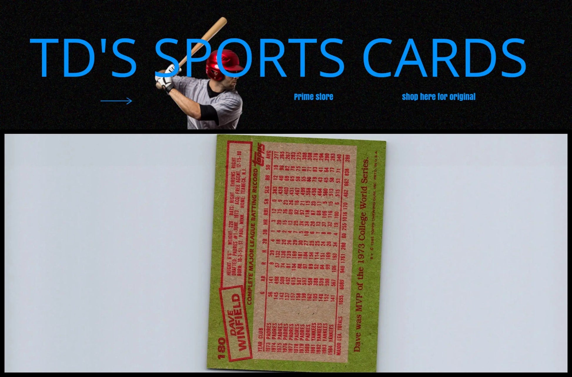 Back view of 1985 Topps #180 Dave Winfield baseball card for trading card collectors