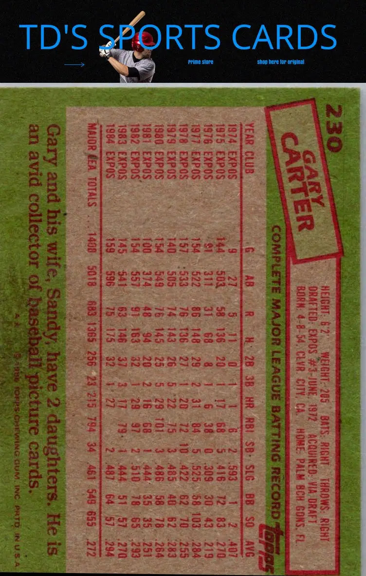 Back of the 1985 Topps #230 Gary Carter baseball card showcasing player stats and info