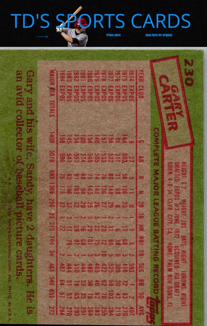 Back of the 1985 Topps #230 Gary Carter baseball card showcasing player stats and info