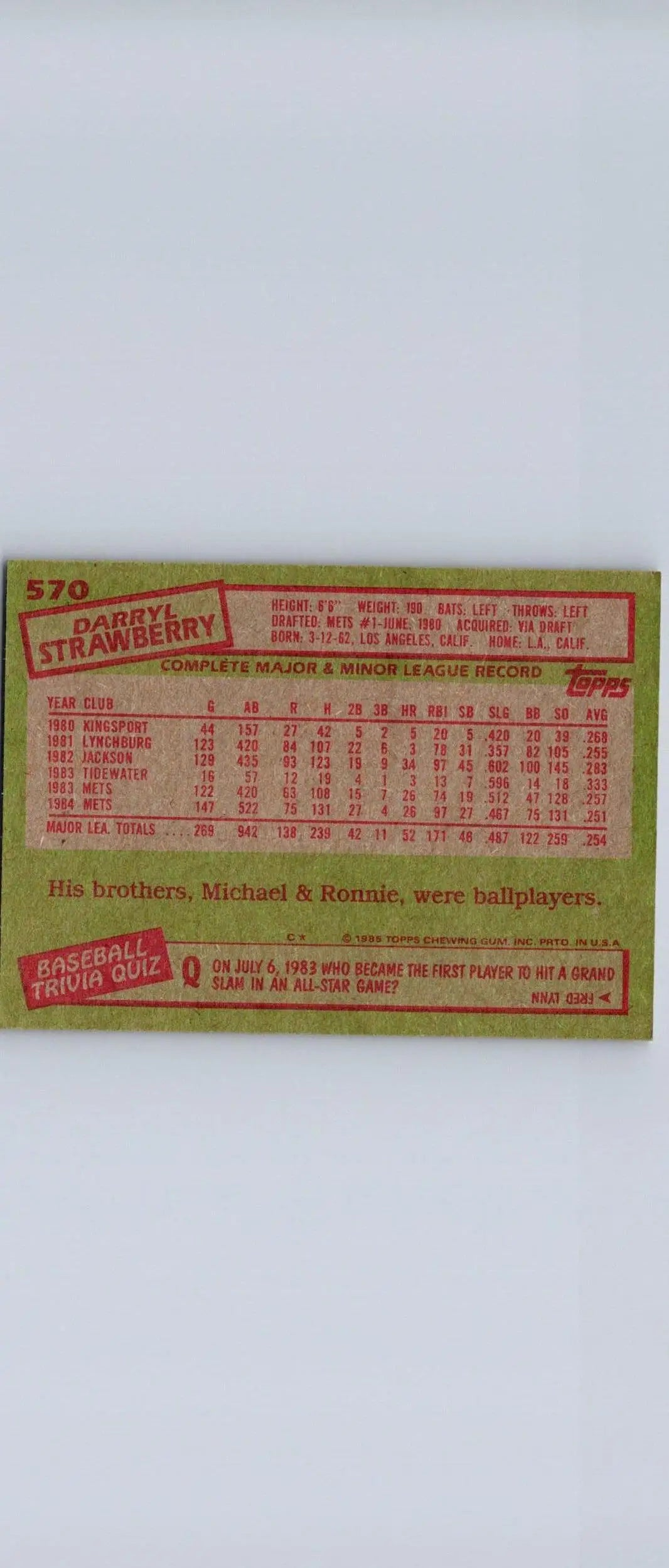 Darryl Strawberry 1985 Topps #570 Baseball Card for Trading Cards Collection