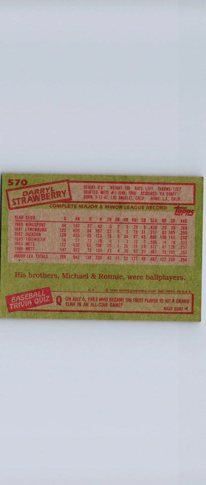 Darryl Strawberry 1985 Topps #570 Baseball Card for Trading Cards Collection