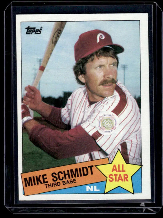 Vintage 1985 Topps #714 Mike Schmidt Phillies card in batting pose wearing pinstripes