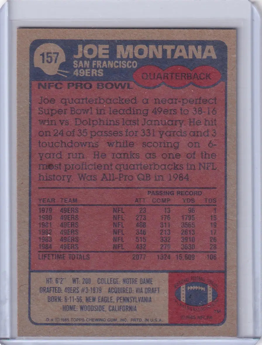 Joe Montana 1985 Topps Football #157 card for San Francisco 49ers collectors
