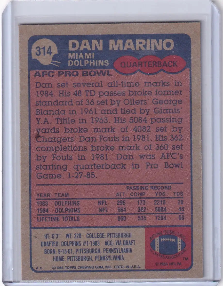 Dan Marino 1985 Topps Football card featuring Miami Dolphins legend