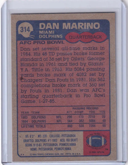 Dan Marino 1985 Topps Football card featuring Miami Dolphins legend