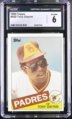 Graded 1985 Topps Tony Gwynn #660 baseball card in CGC 6 slab display