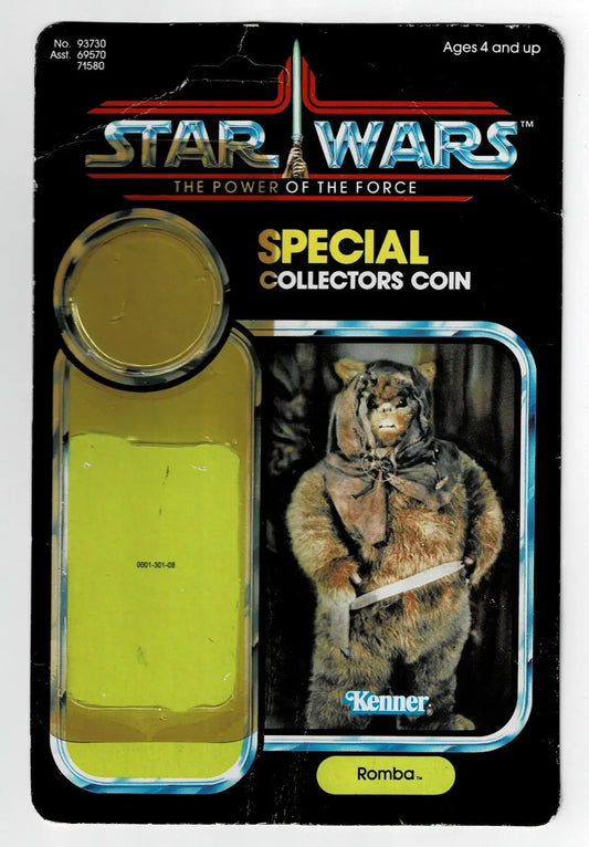 Vintage Star Wars Romba card backer with Ewok action figure and collector’s coin