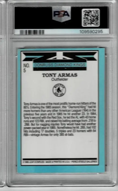 1985 Donruss Diamond Kings Tony Armas baseball card, graded PSA 4, with Tony Armas signed baseball