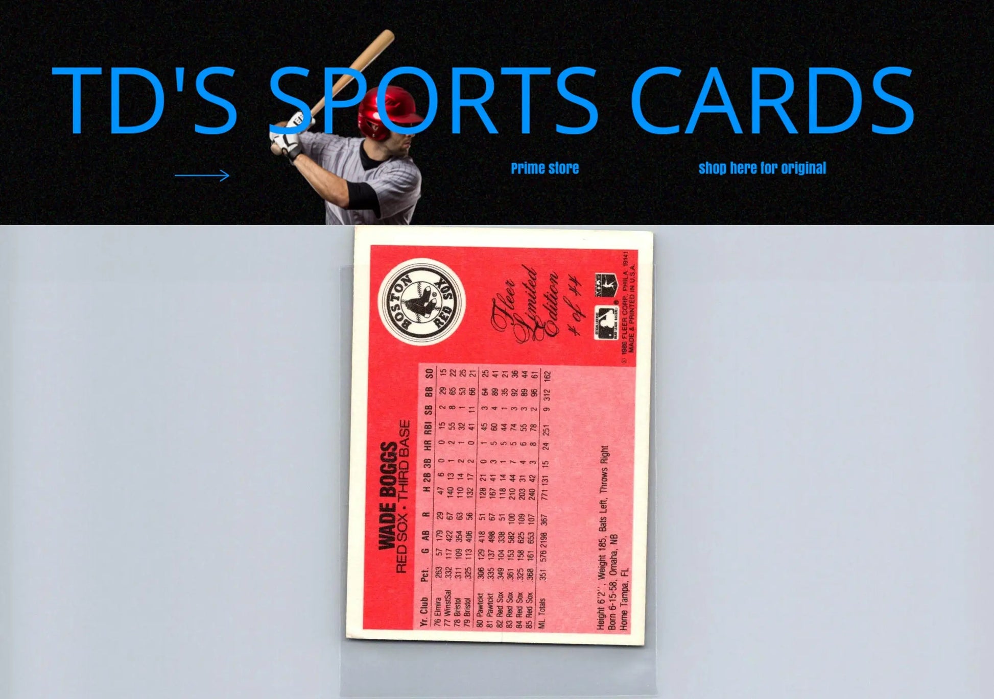 Wade Boggs 1986 Fleer Limited Edition #4 baseball card in mint condition