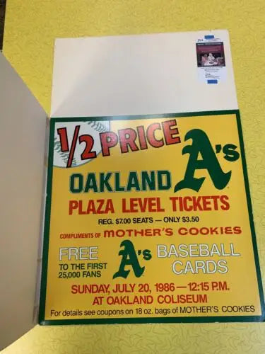 Oakland A’s promotional flyer on 1986 Mothers Cookies store display for Jose Canseco trading cards