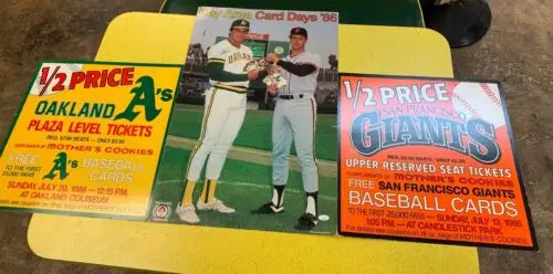 Baseball memorabilia posters showcasing 1986 Mothers Cookies Store Display and trading cards