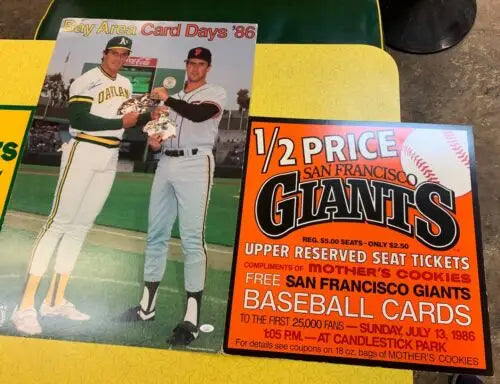 Baseball memorabilia featuring 1986 Mothers Cookies Store Display Jose Canseco trading cards