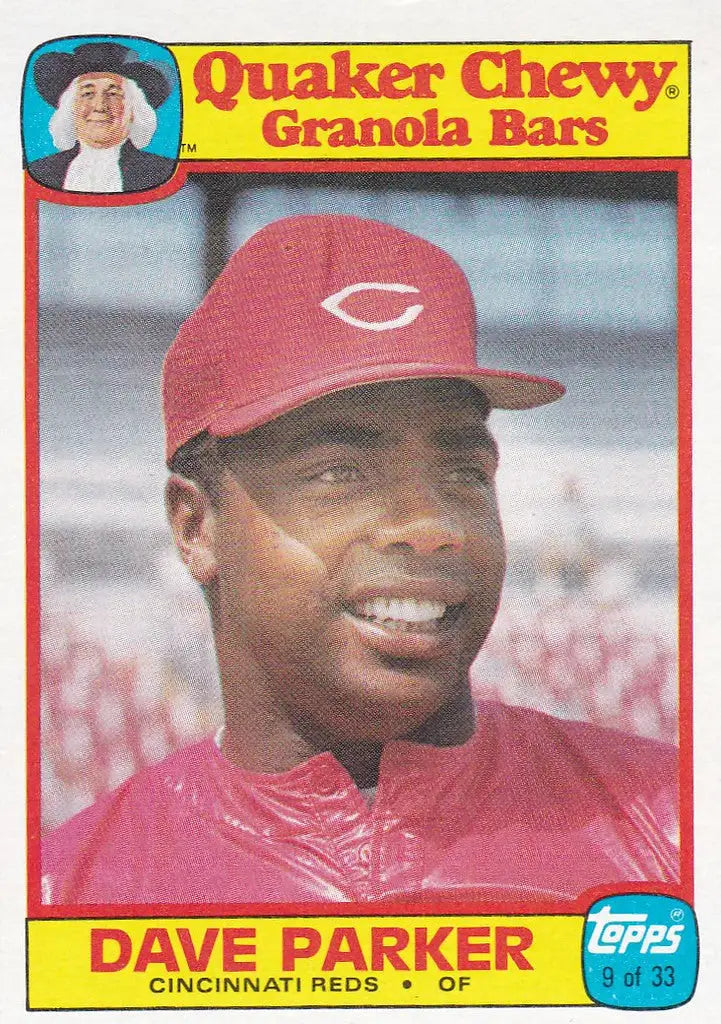 Baseball card of Quaker Oats Dave Parker #9 in red Cincinnati Reds uniform