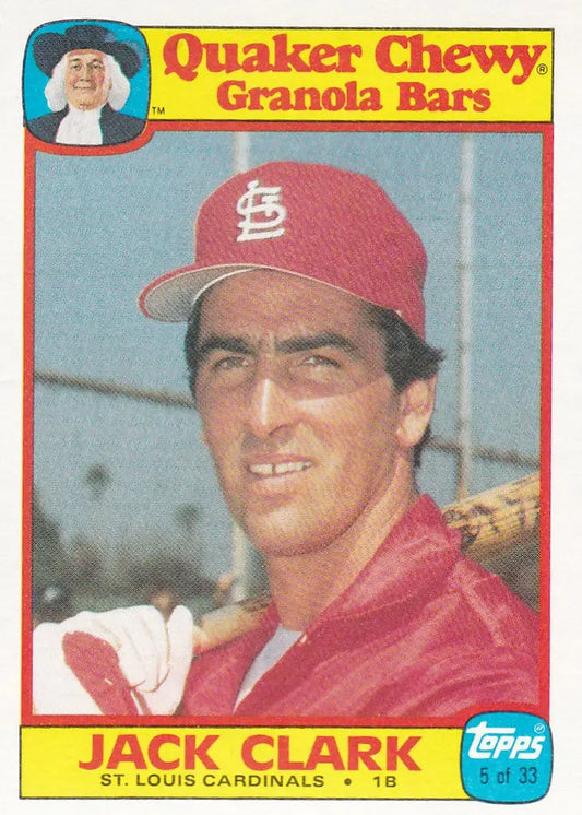 Baseball card of Quaker Oats Jack Clark #5 in red cap and jersey for St. Louis Cardinals