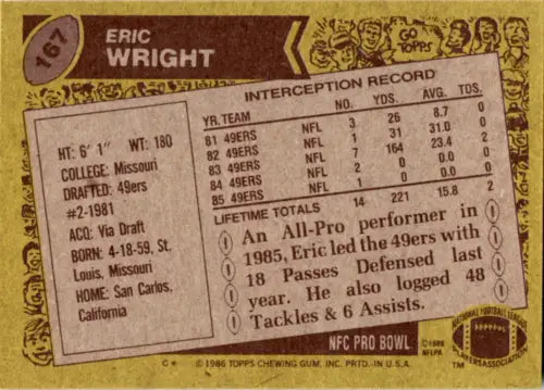 Eric Wright football card from 1986 Topps, featuring original gloss and near mint condition