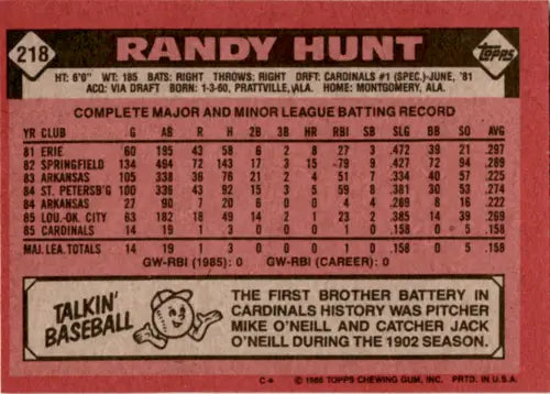 Randy Hunt baseball card 1986 Topps #218 original gloss EX/NM Rookie Cardinals