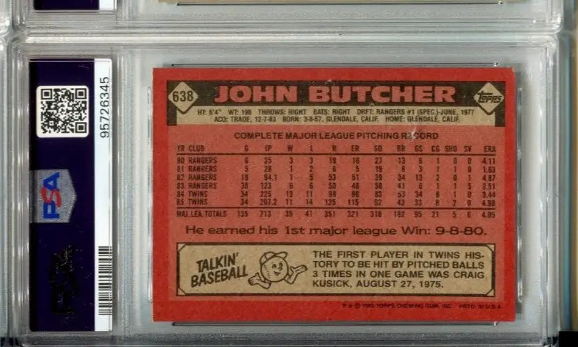 Graded John Butcher baseball card from 1986 Topps #638 auto PSA/DNA Minnesota Twins