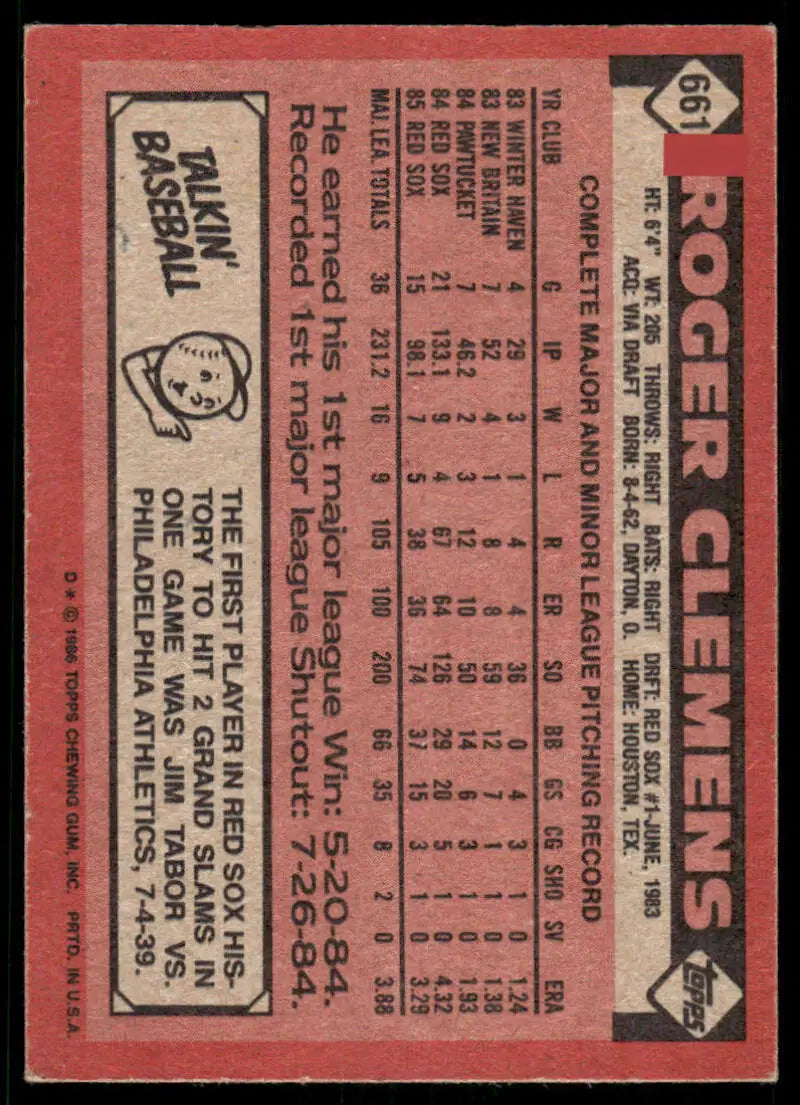 Baseball card featuring Roger Clemens statistics for Boston Red Sox career