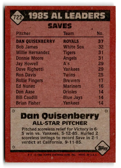 1985 baseball card back of 1986 Topps #722 Dan Quisenberry trading cards