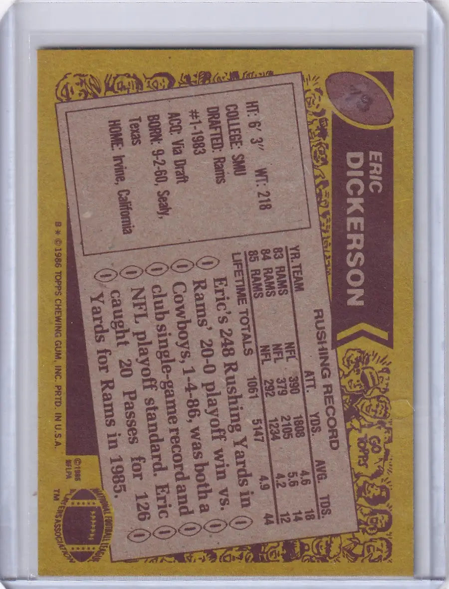 1986 Topps Football #78 Eric Dickerson card featuring Los Angeles Rams star player