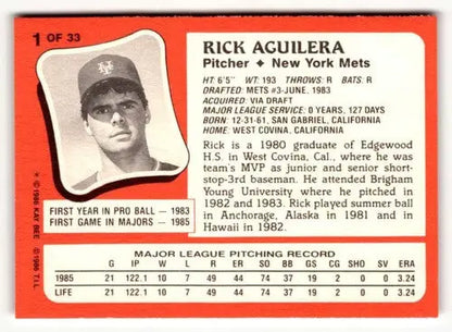1986 Topps Kay-Bee Young Superstars of Baseball #1 Rick Aguilera NrMt-M ID:50400 - Trading Cards