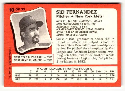 1986 Topps Kay-Bee Young Superstars of Baseball #10 Sid Fernandez NrMt- ID:50411 - Trading Cards