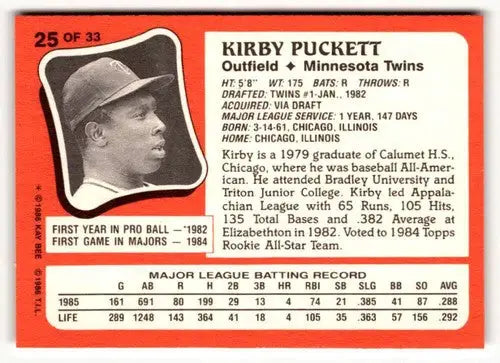 1986 Topps Kay-Bee Young Superstars of Baseball #25 Kirby Puckett NrMt- ID:50393 - Trading Cards