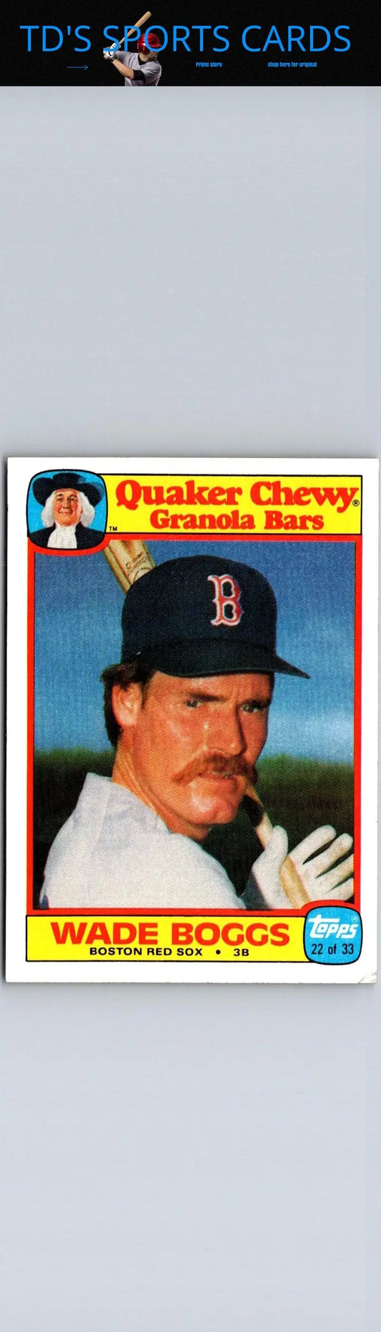 Vintage Wade Boggs baseball card from 1986 Topps Quaker Granola series featuring Quaker Granola branding
