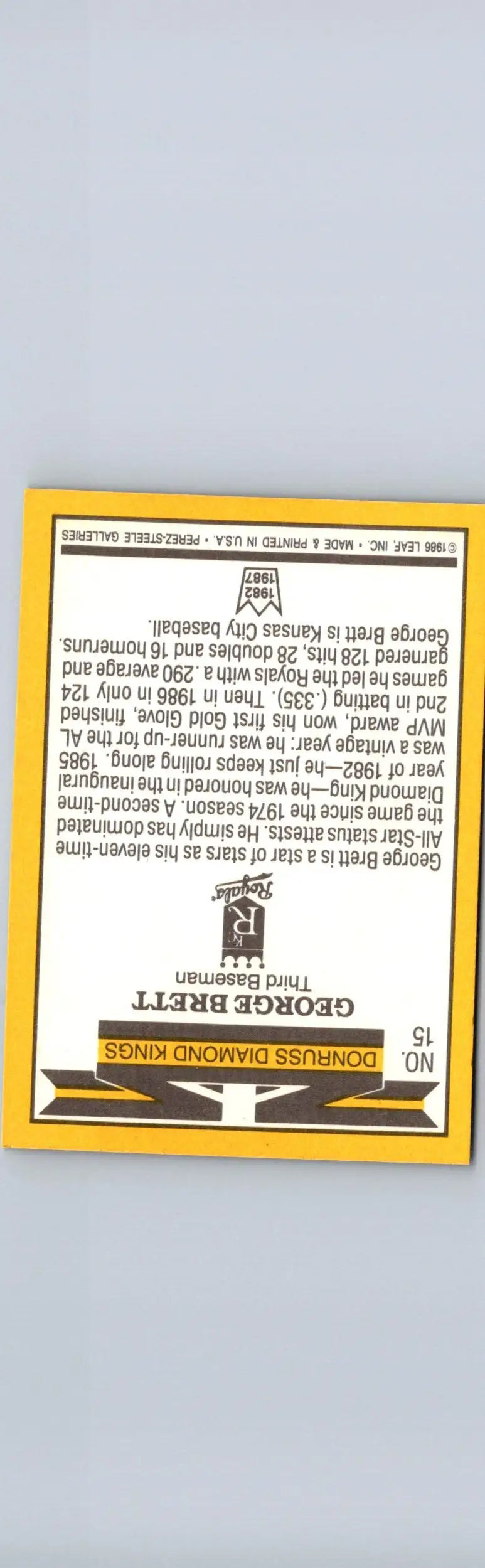 Yellow-bordered 1987 Donruss George Brett baseball card on white background