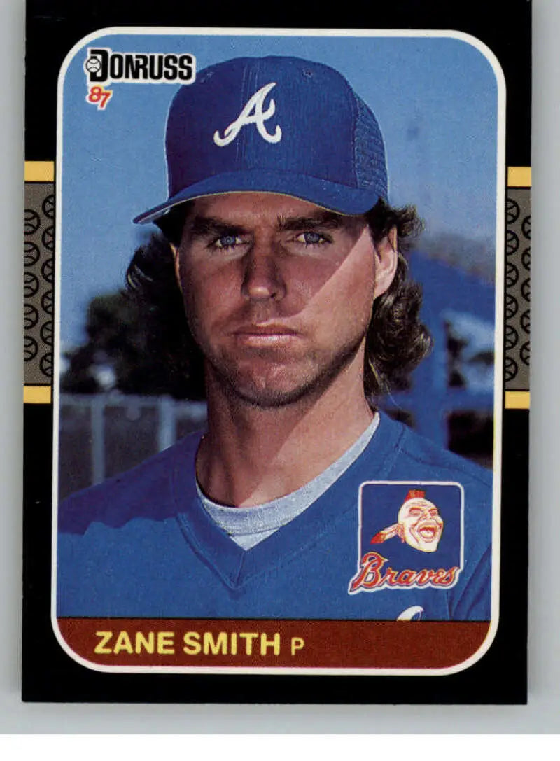 1987 Donruss Zane Smith baseball card featuring Atlanta Braves pitcher in blue cap