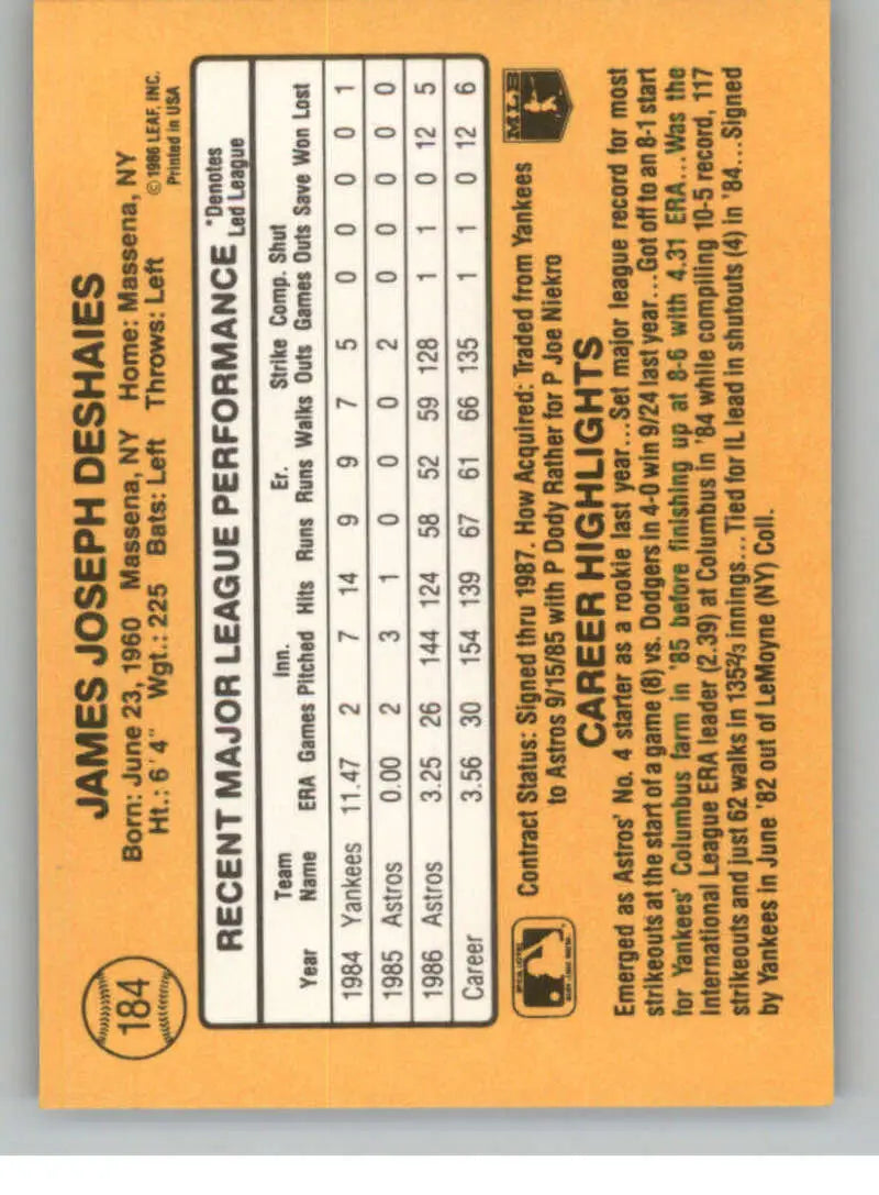 Orange baseball card featuring Jim Deshaies statistics for Houston Astros rookie