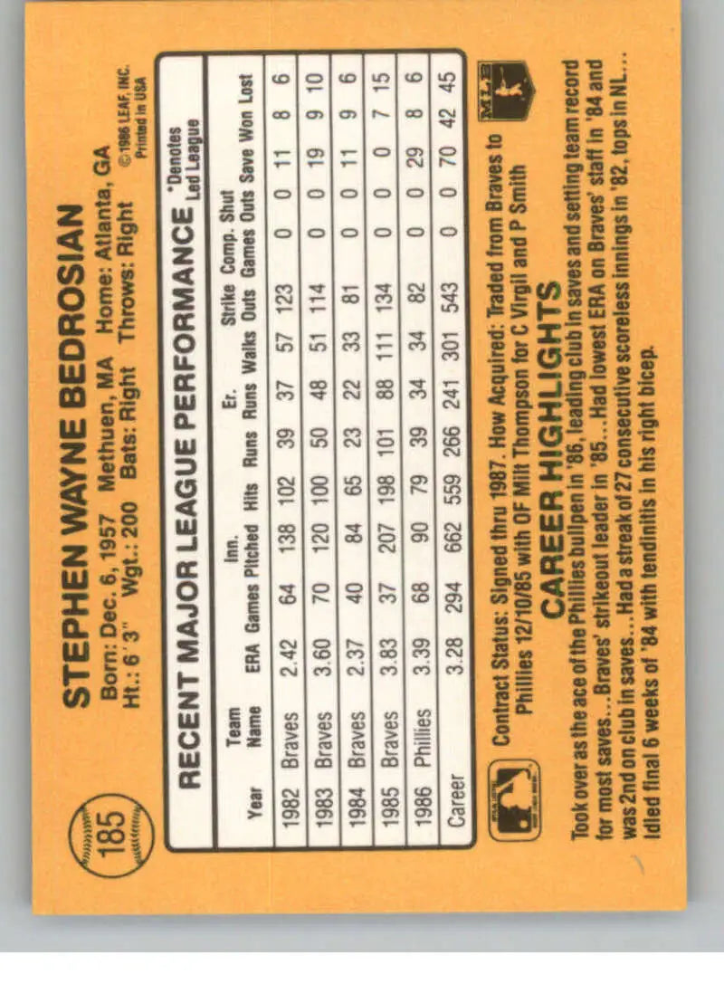 Back of 1987 Donruss Steve Bedrosian Baseball Card with Philadelphia Phillies stats