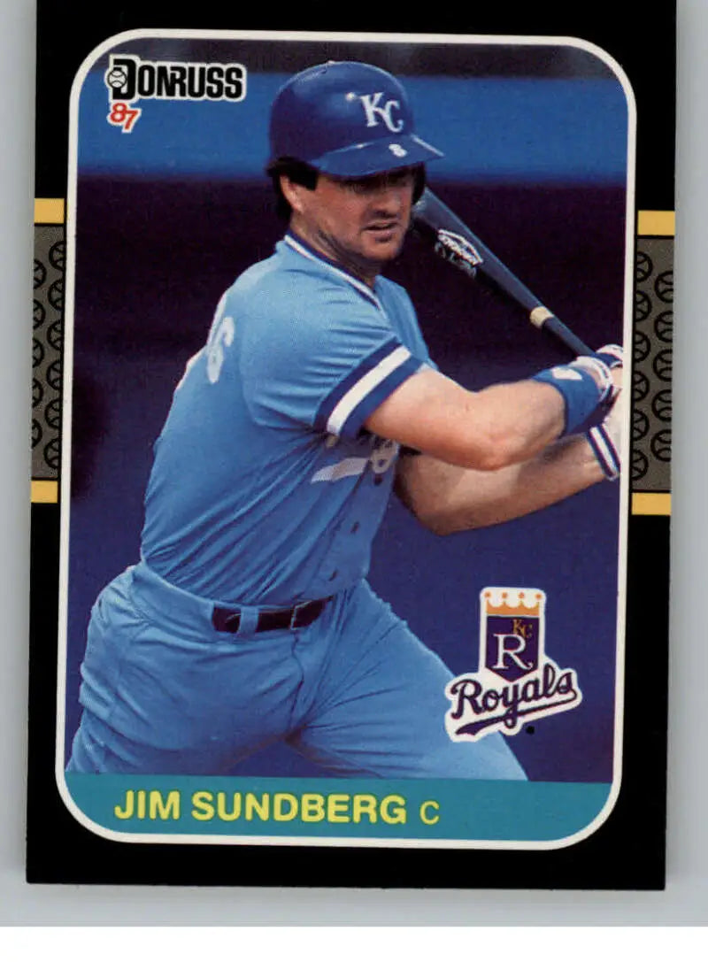 Jim Sundberg at bat in light blue uniform on 1987 Donruss Kansas City Royals card