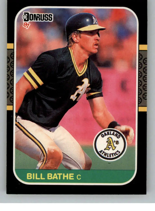 1987 Donruss Bill Bathe Rookie Oakland Athletics Baseball Card in black uniform