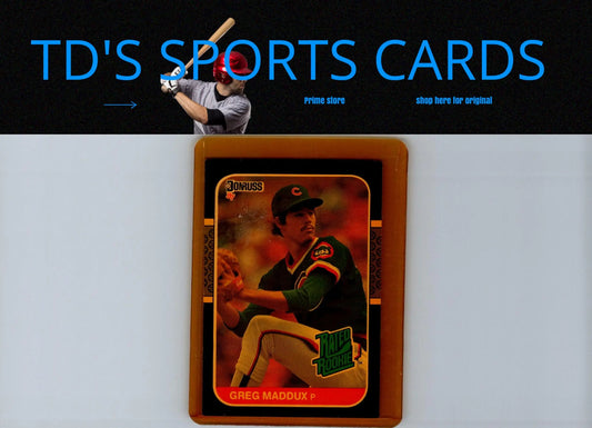 Vintage 1987 Donruss Greg Maddux rookie baseball card displayed in product listing