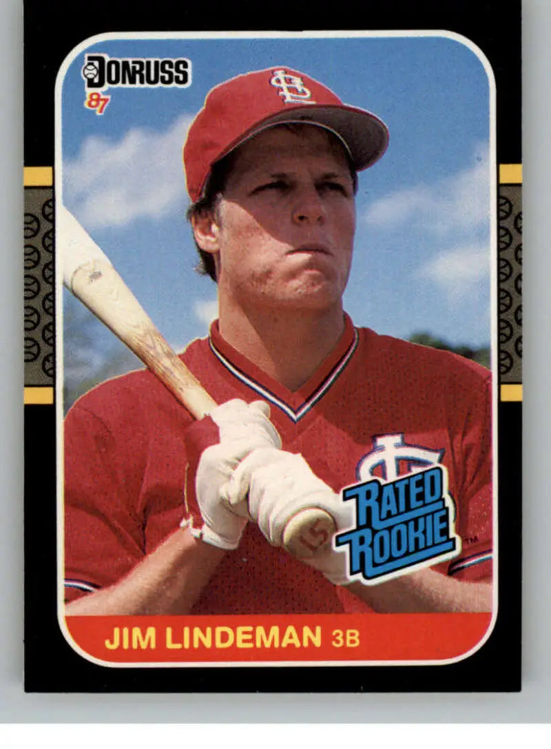 1987 Donruss Jim Lindeman Rookie Card featuring St. Louis Cardinals player with bat