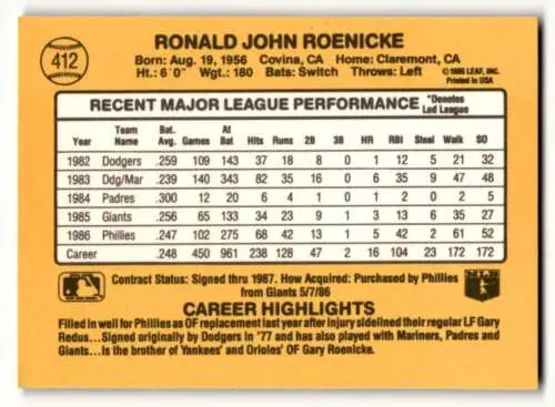 1987 Donruss #412 Ron Roenicke Philadelphia Phillies Baseball Card original gloss