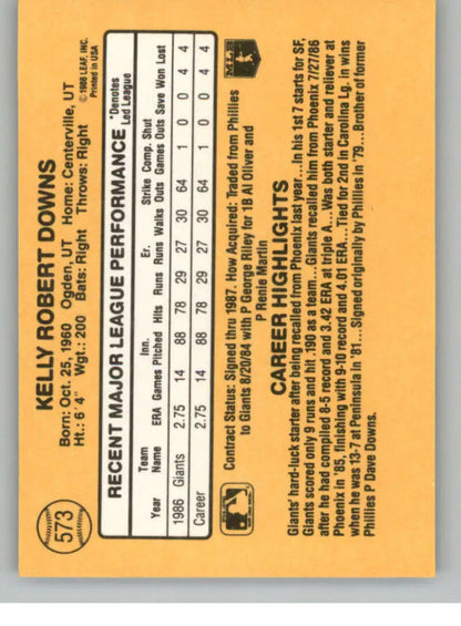 Back of 1987 Donruss Kelly Downs Rookie Card with San Francisco Giants stats and highlights