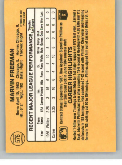 Baseball card back of Marvin Freeman with stats on orange background for Philadelphia Phillies rookie