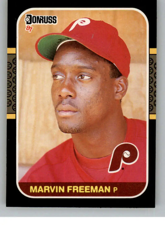 Baseball card of Marvin Freeman, rookie Philadelphia Phillies pitcher in red uniform