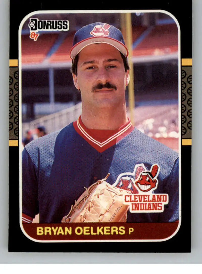 Baseball card of Bryan Oelkers in Cleveland Indians navy blue uniform with red trim
